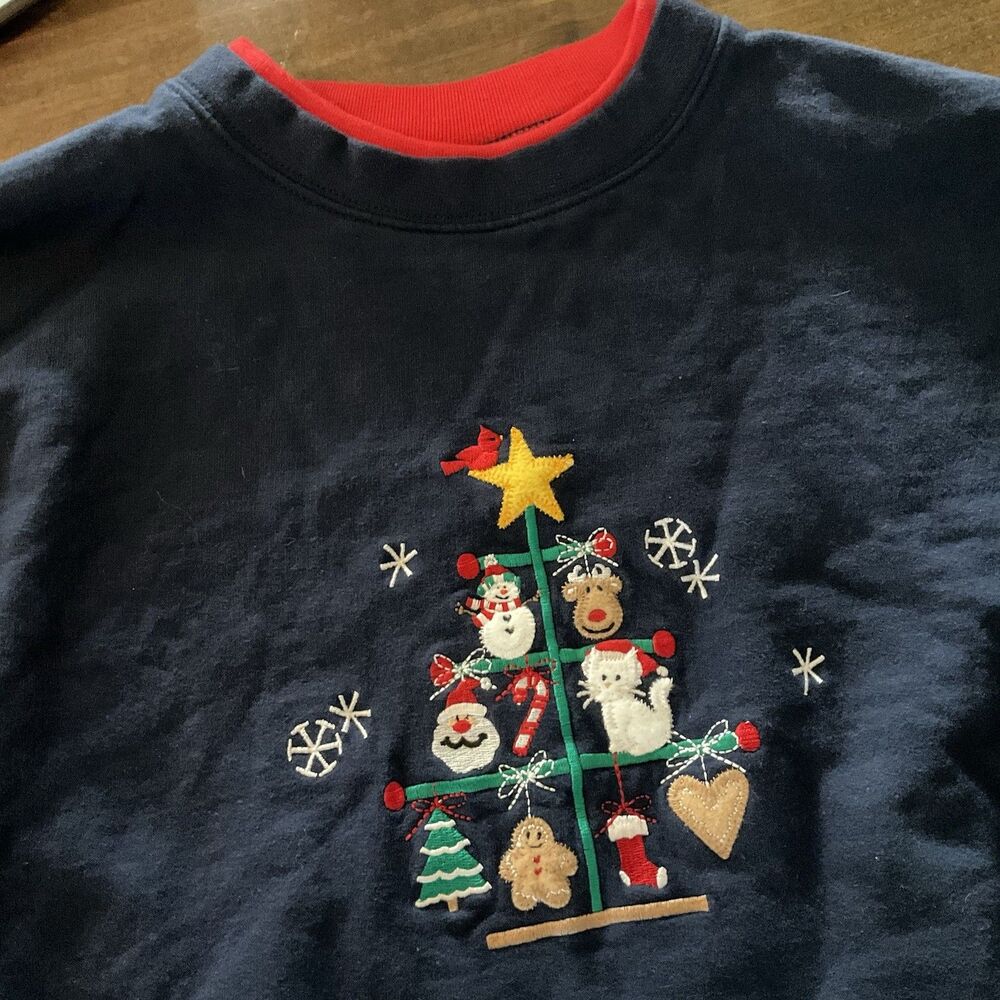 Vintage Natural Escape Sweatshirt Women Large Blue Christmas Embroidered Teacher
